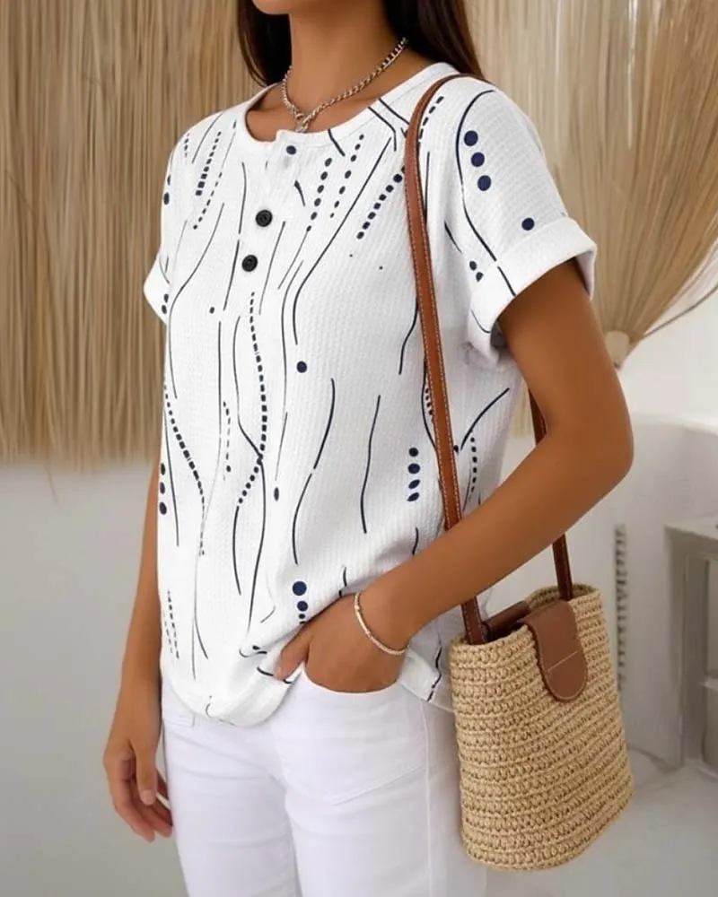 Camiseta de mujer de manga corta con estampado gráfico y botones - Imagen 3