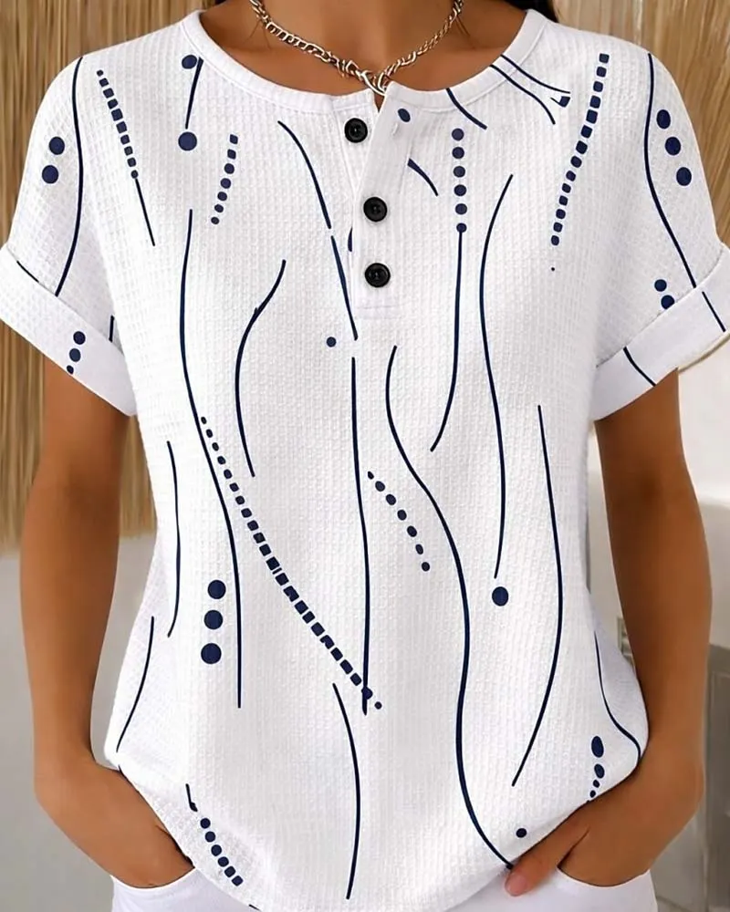 Camiseta de mujer de manga corta con estampado gráfico y botones - Imagen 4