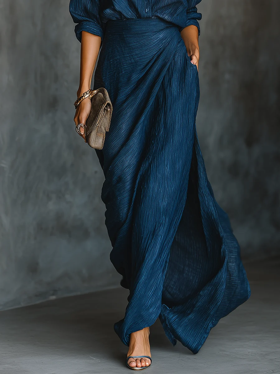 Conjunto Falda Larga y Blusa Algodón Lino Azul Marino - Imagen 5