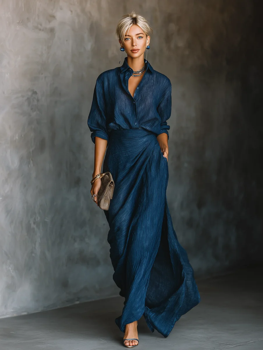 Conjunto Falda Larga y Blusa Algodón Lino Azul Marino - Imagen 3