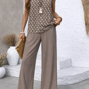 Conjunto de dos piezas mujer con top estampado y pantalón amplio