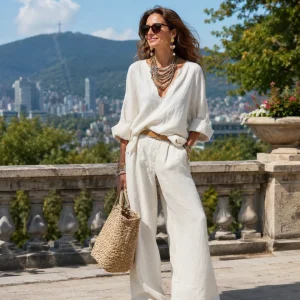 Conjunto mujer de dos piezas con blusa cuello en V y pantalón ancho