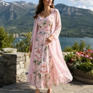 Conjunto floral para mujer con vestido y cárdigan ligero