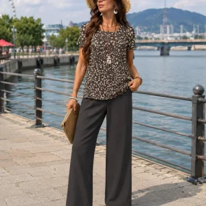 Conjunto de mujer con blusa estampada y pantalón ancho