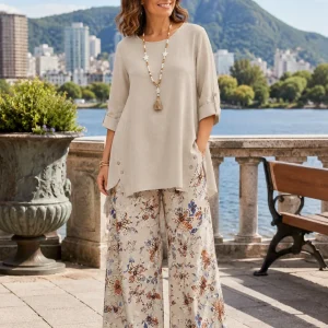 Conjunto mujer algodón lino con blusa amplia y pantalón floral