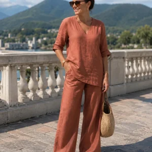 Conjunto de lino y algodón para mujer con pantalón ancho