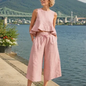Conjunto de dos piezas para mujer con top de volantes y pantalón ancho