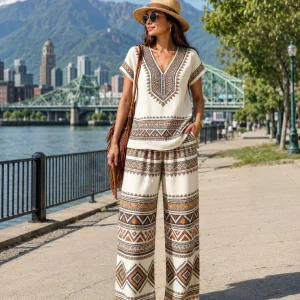 Conjunto de dos piezas para mujer de estilo bohemio y pantalón ancho