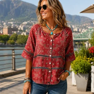 Blusa de mujer con estampado étnico vintage y botones frontales