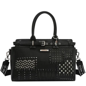 BOLSO SATCHEL CON RECORTES GEOMÉTRICOS (NEGRO)