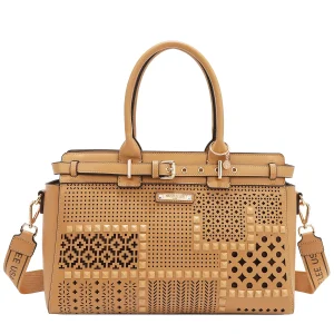 BOLSO SATCHEL CON RECORTES GEOMÉTRICOS (ARENA)