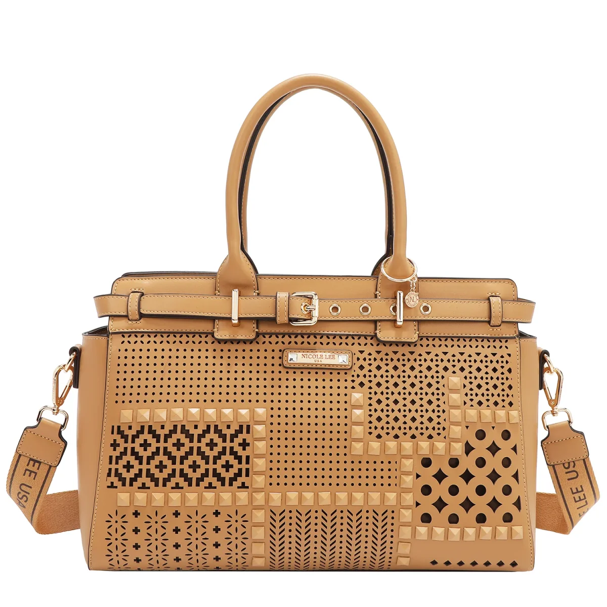 BOLSO SATCHEL CON RECORTES GEOMÉTRICOS (ARENA)