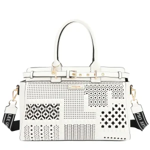 BOLSO SATCHEL CON RECORTES GEOMÉTRICOS (BLANCO)