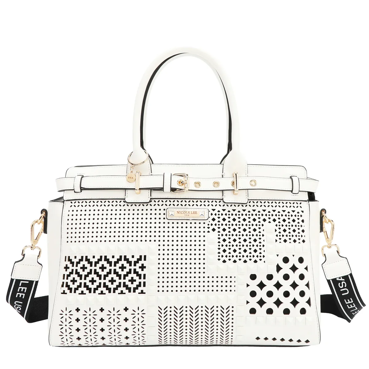 BOLSO SATCHEL CON RECORTES GEOMÉTRICOS (BLANCO)