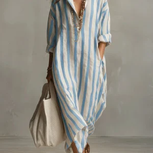 Vestido camisero maxi informal de rayas con bolsillos