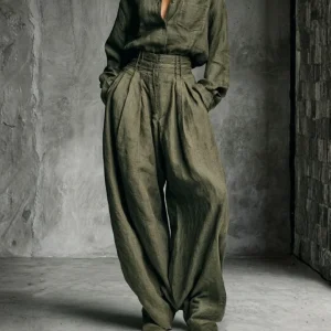 Conjunto Mujer Algodón Lino Camisa y Pantalón Ancho