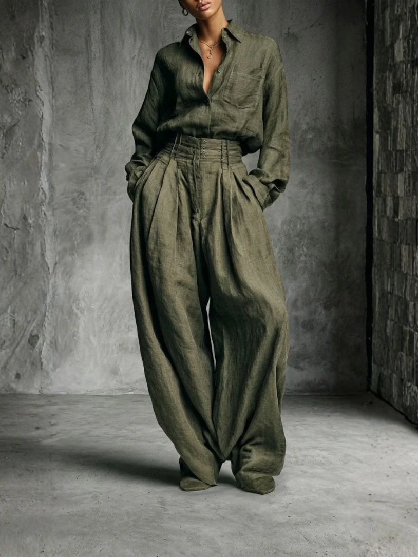 Conjunto Mujer Algodón Lino Camisa y Pantalón Ancho