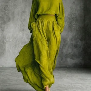 Conjunto Mujer Algodón Lino Verde Con Pantalón Ancho