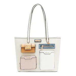 BOLSO SHOPPER CON BOLSILLO Y BLOQUES DE COLOR (BLANCO)