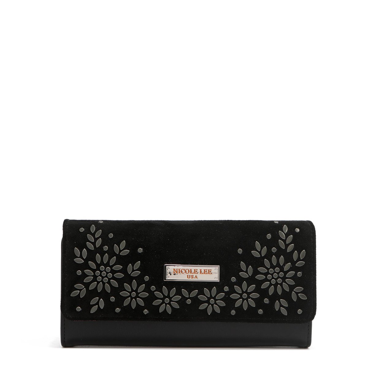 CARTERA LARGA TRIPLE CON DISEÑO FLORAL (NEGRO)