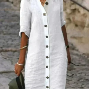 Vestido camisero de lino con botones – Cómodo largo midi