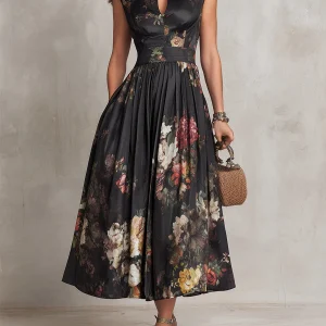 Dunora - Vestido Midi de Satén Plisado Floral con Cuello de Ojal Negro para Mujer