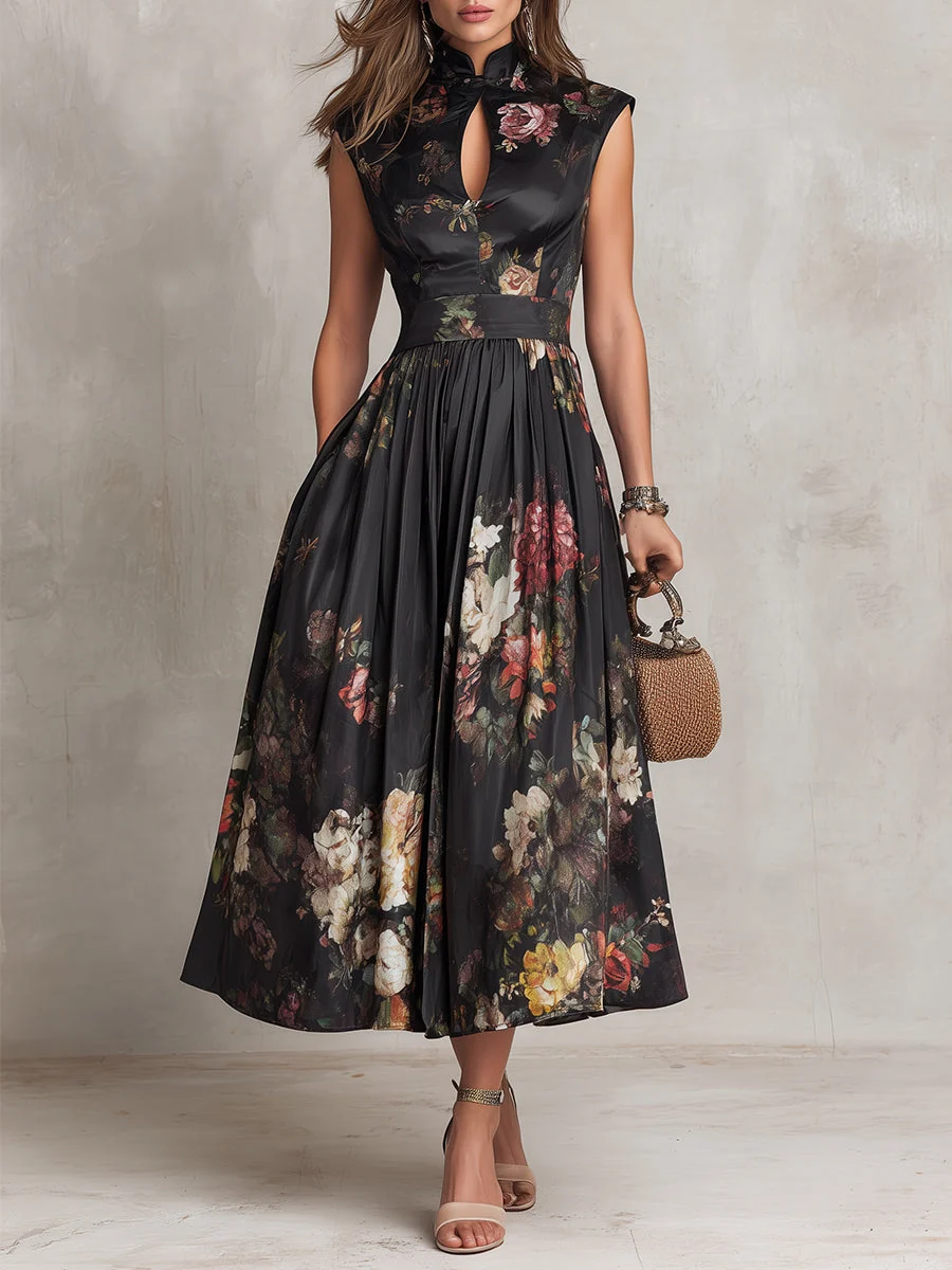 Dunora – Vestido Midi de Satén Plisado Floral con Cuello de Ojal Negro para Mujer