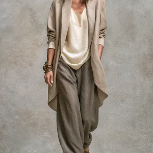 Conjunto de tres piezas mujer con chaqueta larga y pantalón ancho