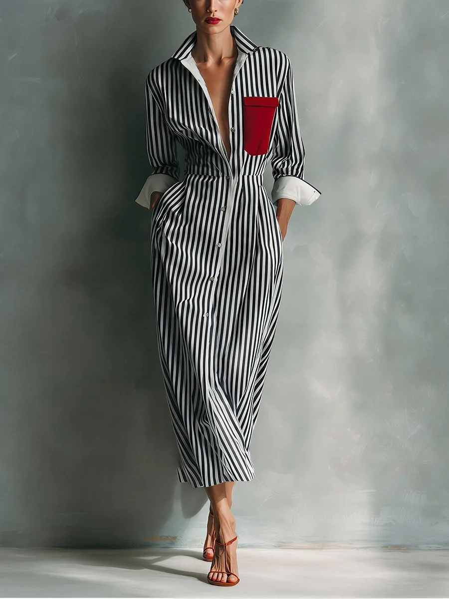 Brisa | Vestido camisero de rayas con bolsillo en el pecho - Imagen 4