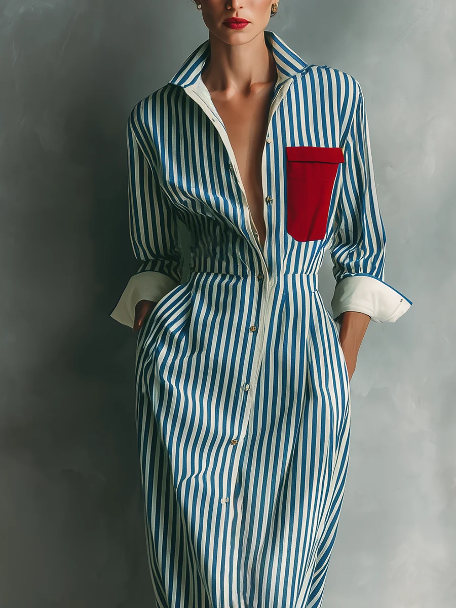 Brisa | Vestido camisero de rayas con bolsillo en el pecho - Imagen 6