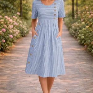 Vestido midi casual de rayas con botones delanteros y bolsillos
