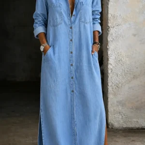 Delana | Vestido largo de mujer con cuello, botones y aberturas laterales
