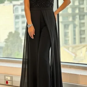 Jumpsuit De Gala Negro Con Falda De Chifón Superpuesta