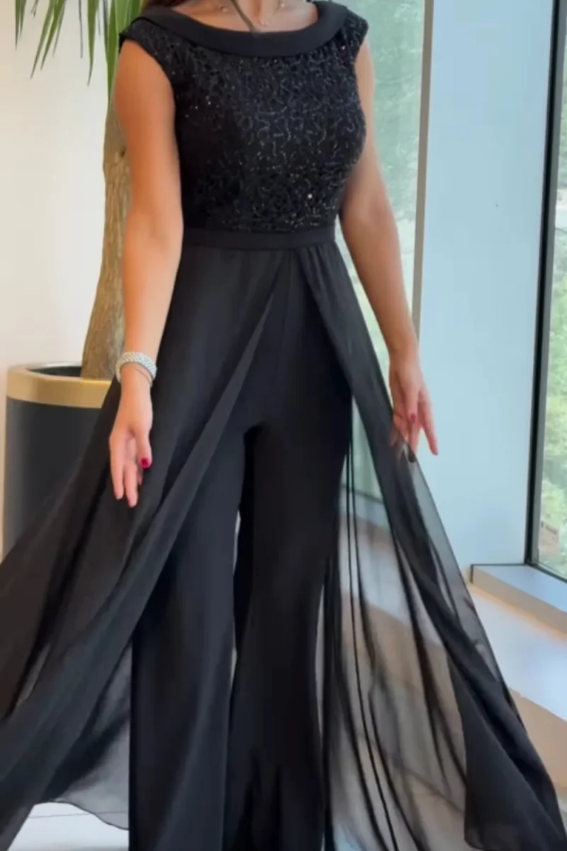 Jumpsuit De Gala Negro Con Falda De Chifón Superpuesta - Imagen 4