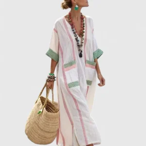 Noor | Vestido largo boho con ribete de rayas