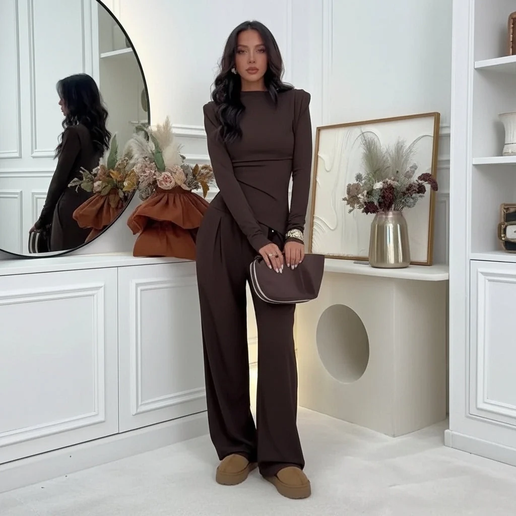 Conjunto Pantalón Y Blusa Wide Leg Estilo Chocolate