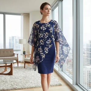 Conjunto de vestido para mujer con sobrecapa floral de chiffon