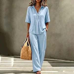 Conjunto de mujer fluido con blusa abotonada y pantalón ancho