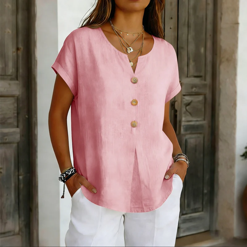 Camiseta mujer cuello V con botones decorativos