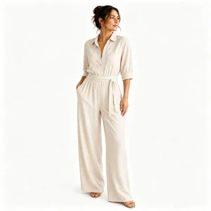 Mono camisero de mujer con cinturón y pantalón ancho