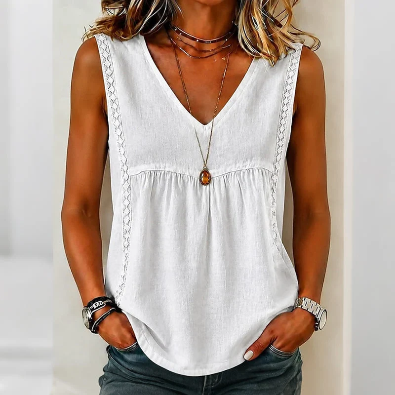 Camiseta sin mangas mujer algodón-lino con escote en V y encaje - Imagen 4