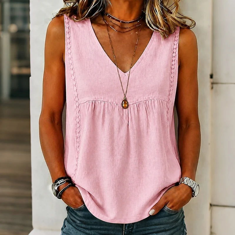Camiseta sin mangas mujer algodón-lino con escote en V y encaje - Imagen 3
