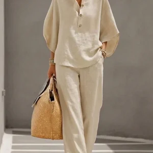 Conjunto de blusa con cuello alzado y pantalón – Conjunto holgado de lino