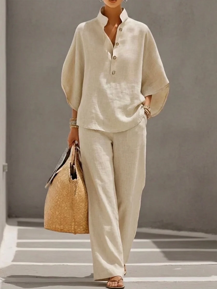 Conjunto de blusa con cuello alzado y pantalón – Conjunto holgado de lino