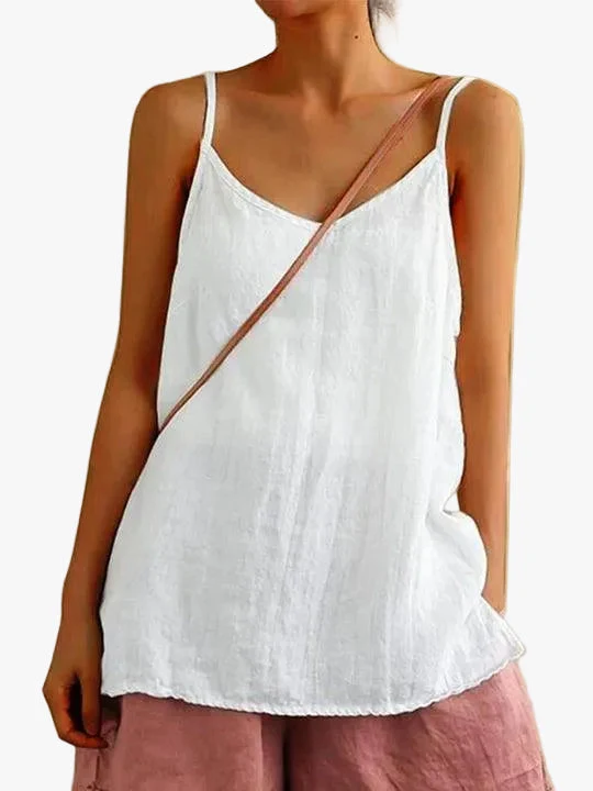 Camiseta de tirantes informal para mujer de mezcla de lino con escote de pico y tirantes finos
