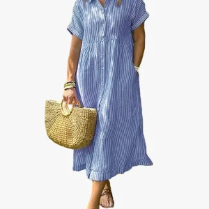 Vestido midi casual de tejido plano para mujer con cuello y tapeta de botones