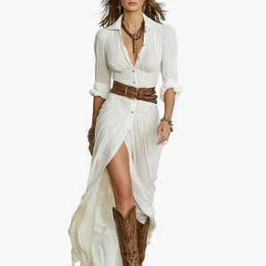 Vestido maxi tejido para mujer con botones delanteros y cinturón con hebilla