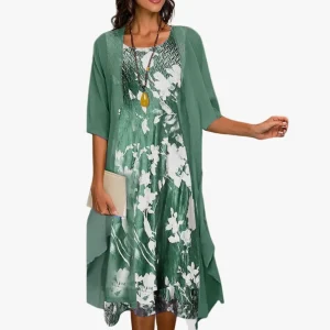 Conjunto de vestido midi tejido para mujer con capa abierta y estampado